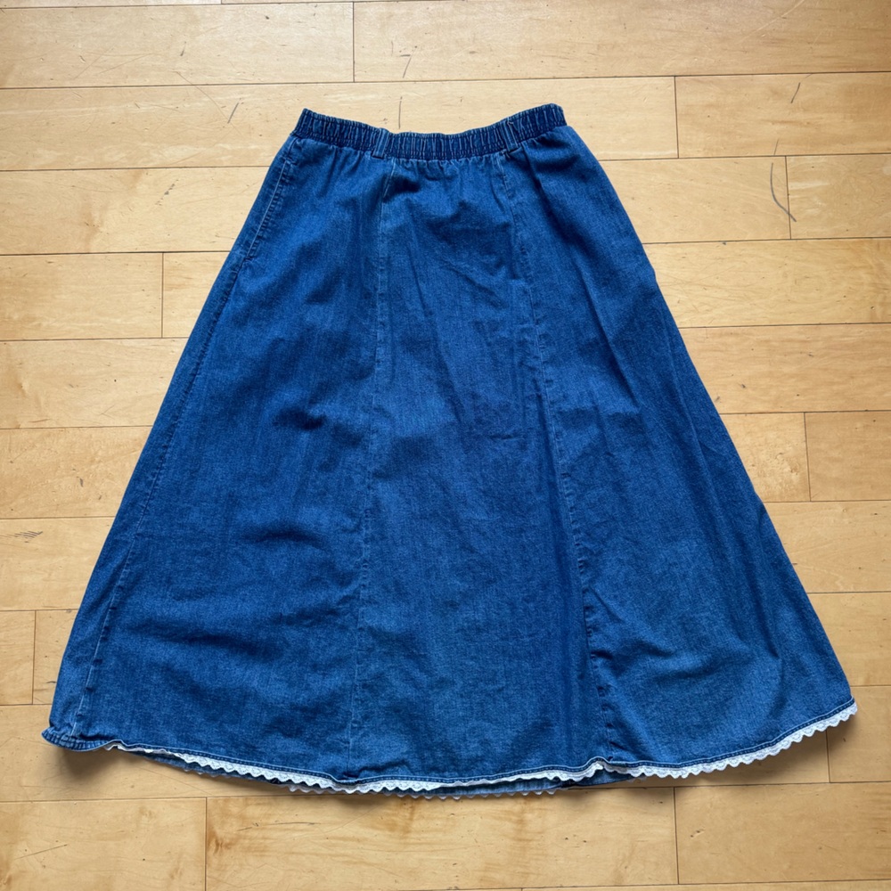 Orvis Denim Jean Skirt,‎ Sz 12, midi, lace, embroidered, retro, modest, pockets